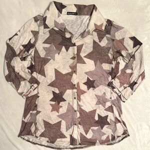 David Cline Sand & Stars Button Up Collar 3/4 Sleeve Top Shirt Blouse M brown